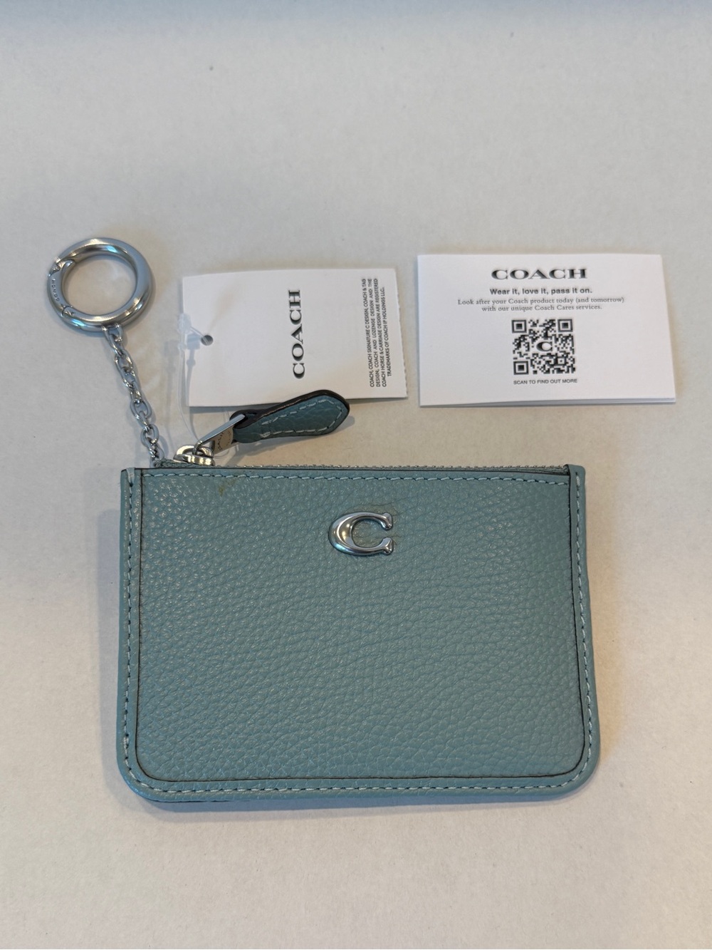 NWT Coach Pebble Leather Essential Mini ID Card Case with Key Ring-LH/Aquamarine
